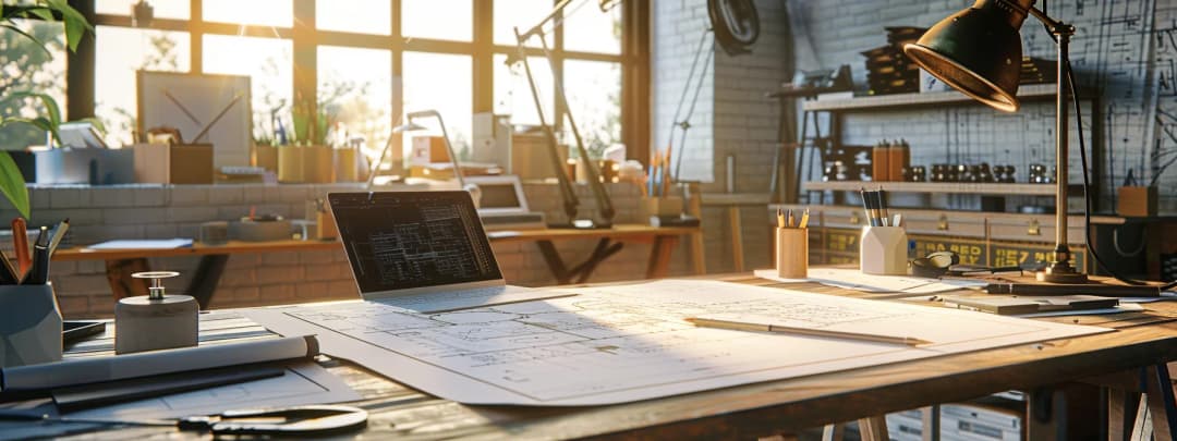 A traditional architecture office space with drawings on the desk