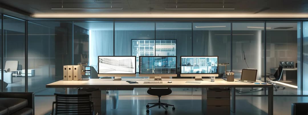 A modern architects office showc a series of screens and designs
