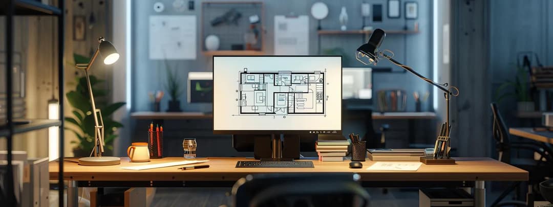 A modern architecture office setup with cad drawings