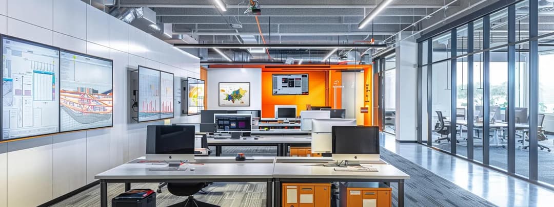 A modern office space filled with computers and architectural designs
