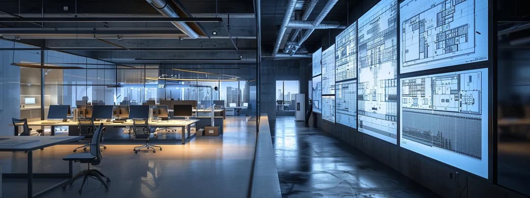 A sleek modern architectural studio, large scale with digital architectural drawings on the wall