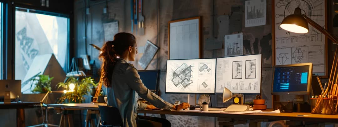 A modern architecture office space with an architect working on her project