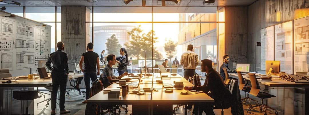 A sleek modern conference room with architects discussing a project