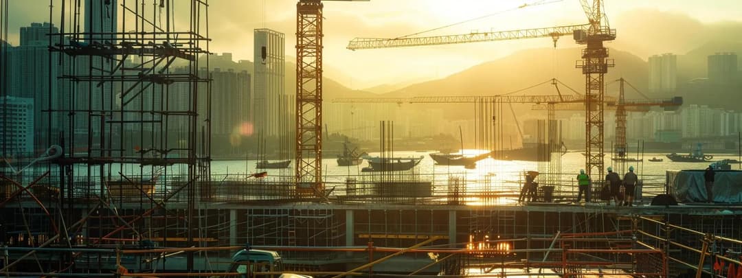 A large construction site with concrete slabs and cranes on show