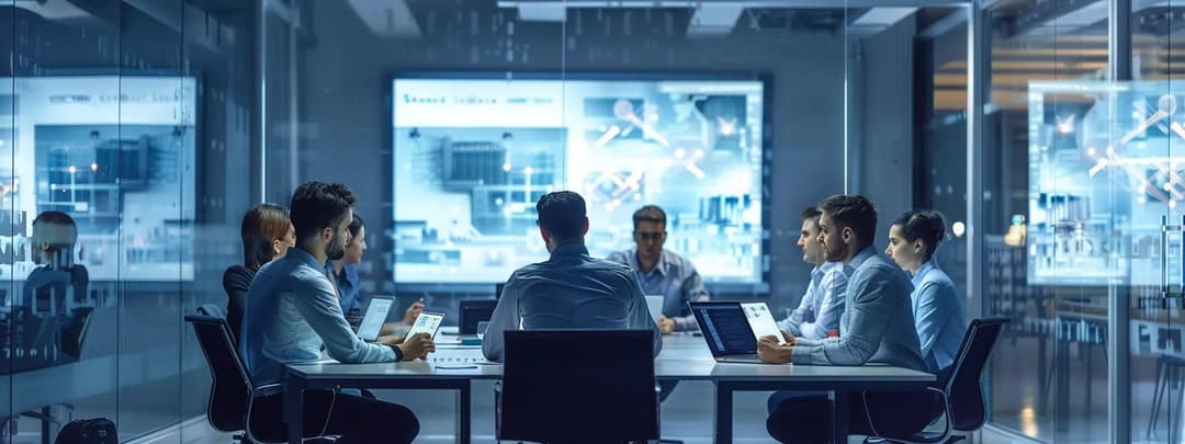 Business professionals having a meeting in a modern glass-walled office