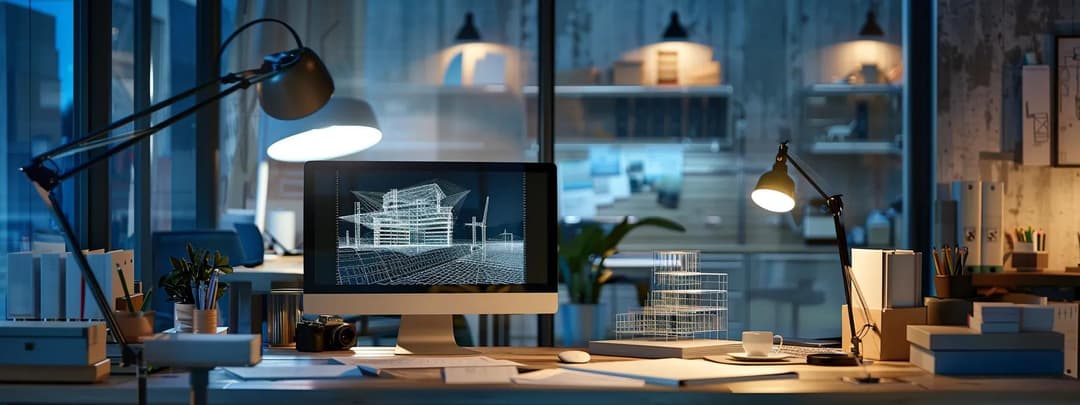Contemporary open-plan office with glass partitions and modern collaborative workspaces