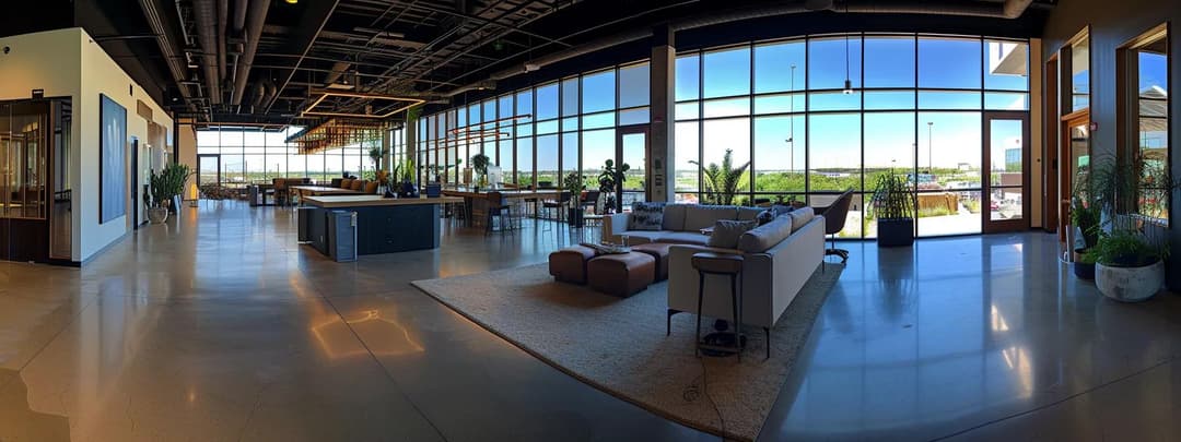 Collaborative open-plan office space with architects working at shared desks