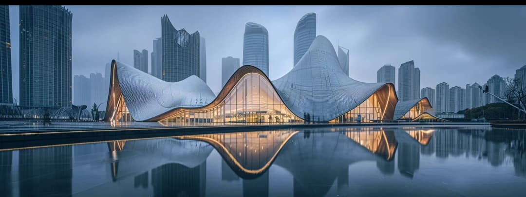 Modern urban skyline viewed through minimalist interior glazing
