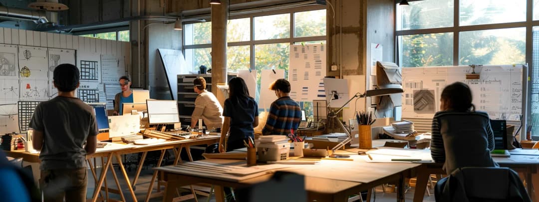 A large architecture studio with students discussing their designs