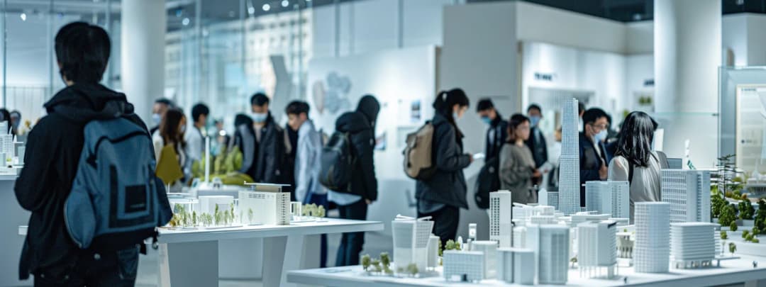 Vibrant urban exhibition space with visitors exploring architectural displays