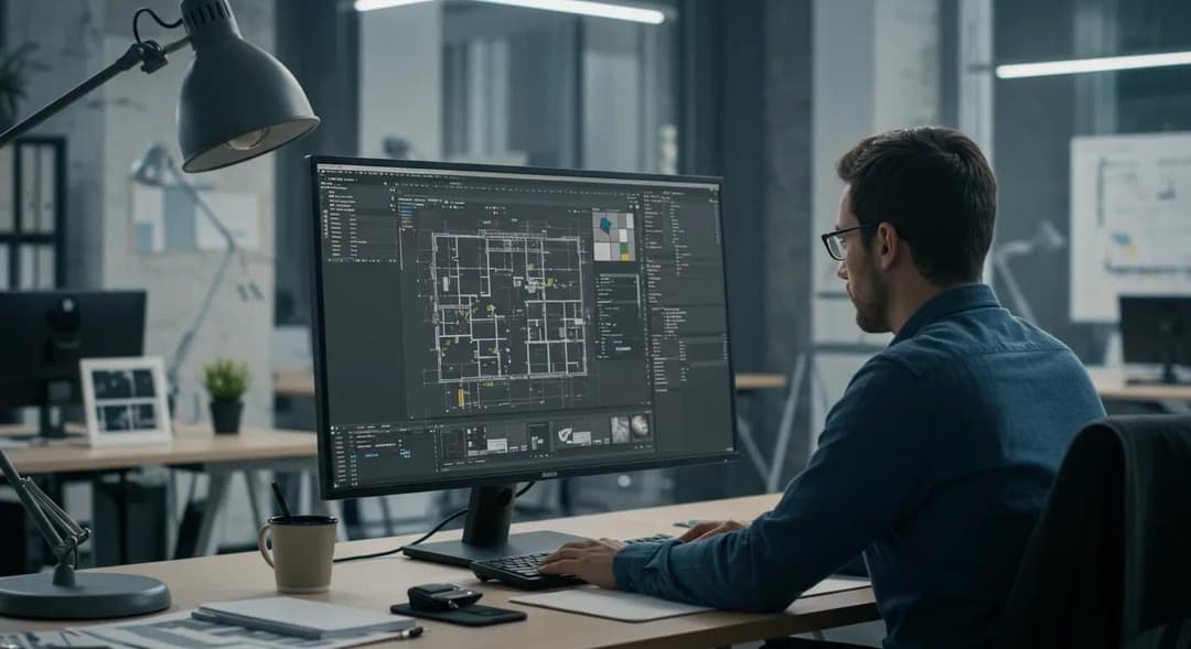 Professional viewing creative content on large digital display