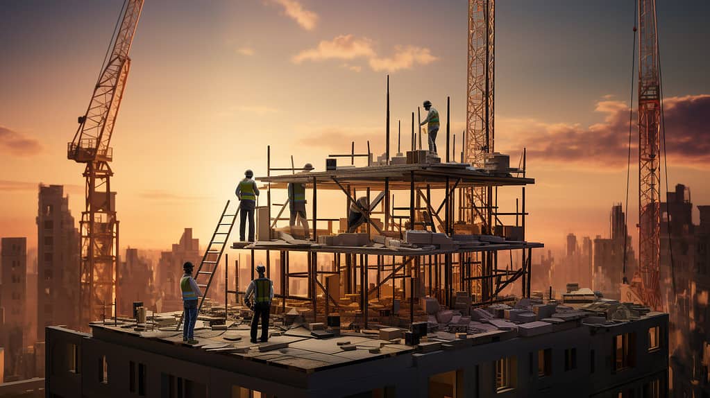 Construction site showing reinforced concrete frame and tower crane at sunset