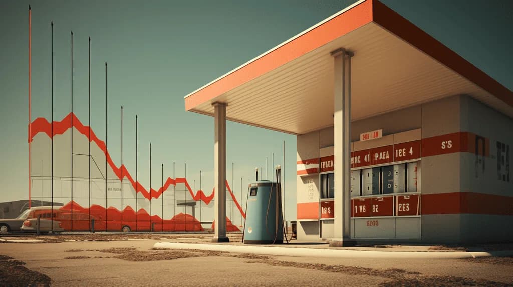 Abandoned petrol station illustration with declining economic trend graph overlay
