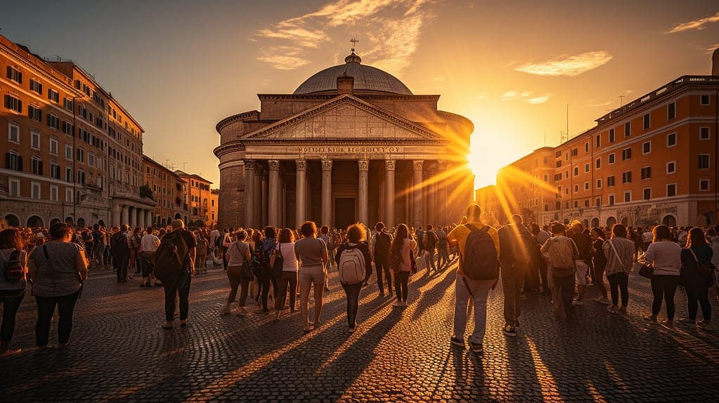 Crowd of people walking through European plaza at golden hour with historic architecture
