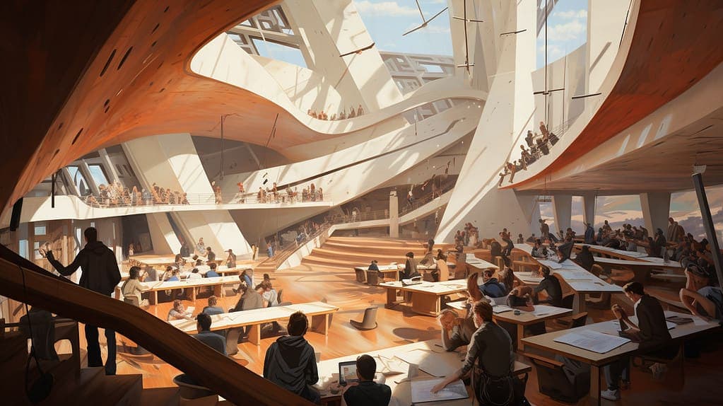 Architecture students attending lecture in university auditorium with tiered seating
