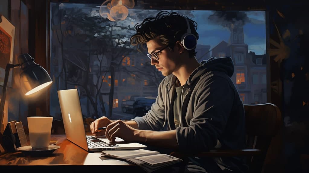 Architecture student studying online course on laptop at night with city views