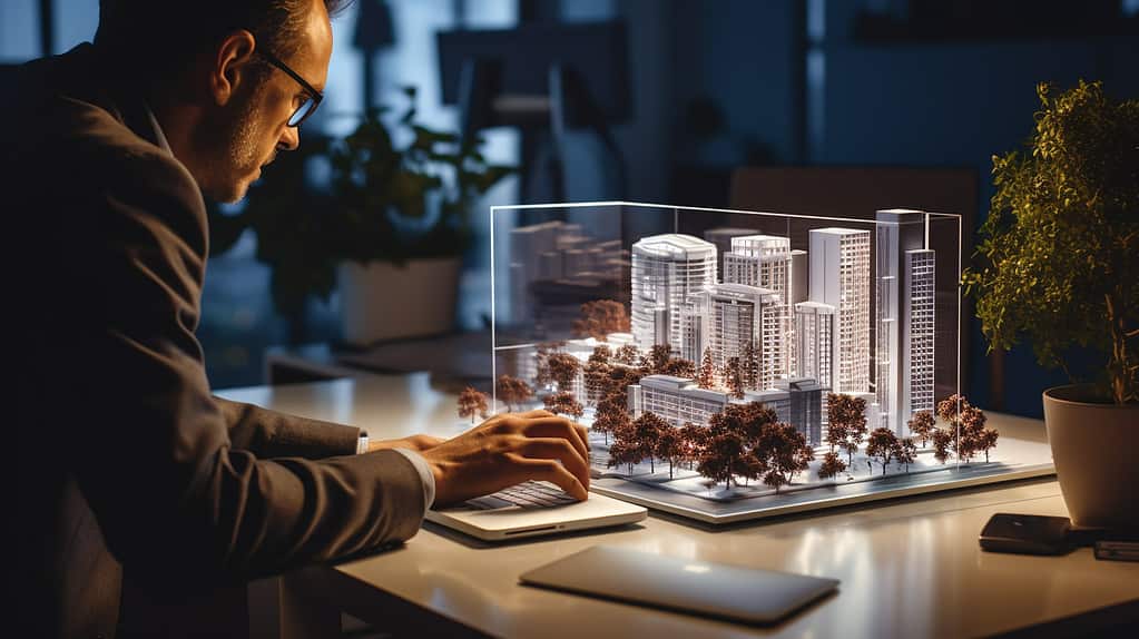 Architect designing building shown working at drafting table with technical drawings and plans