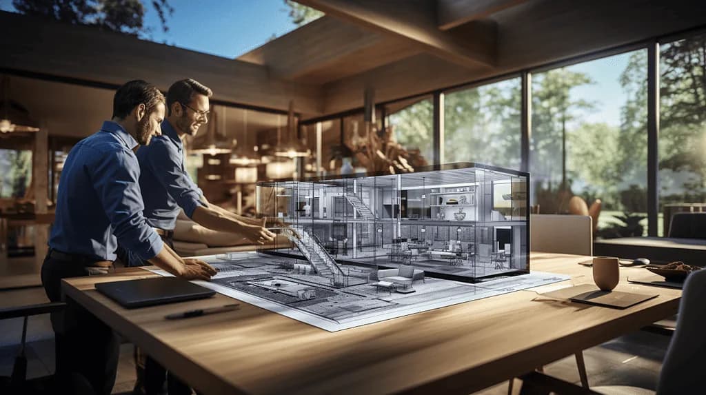 Architect seated at computer designing residential house with CAD software displayed on screen