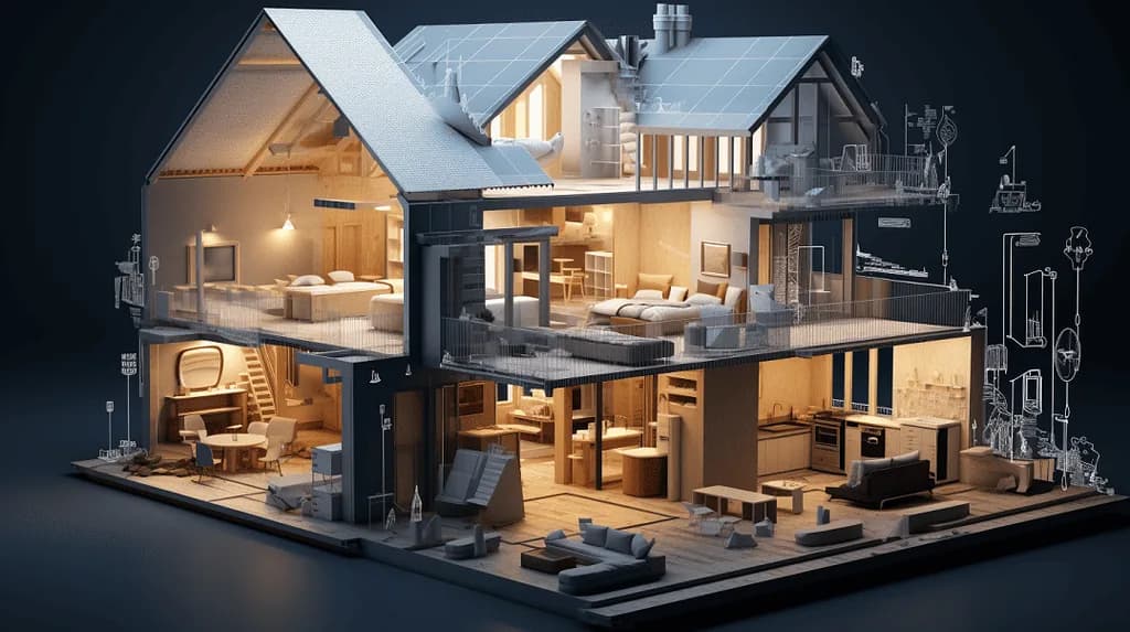 Infographic showing 3D architectural model with design annotations