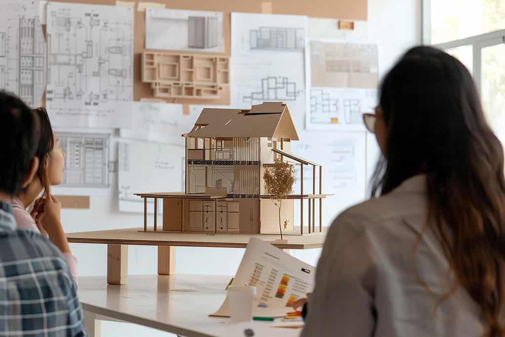 Architecture school interior with students in design studio workshop