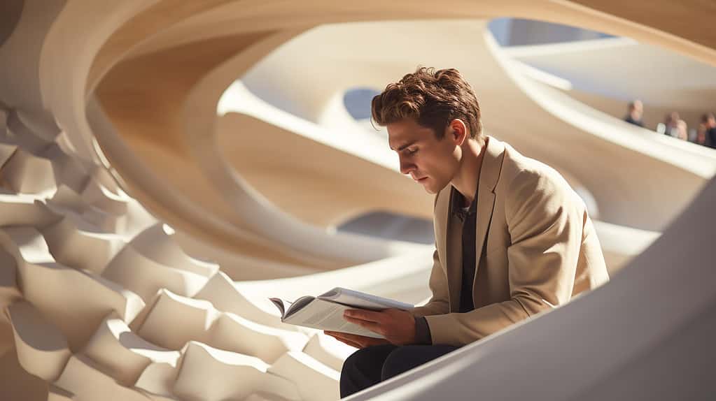 Architecture student reading technical book while studying design theory and building systems