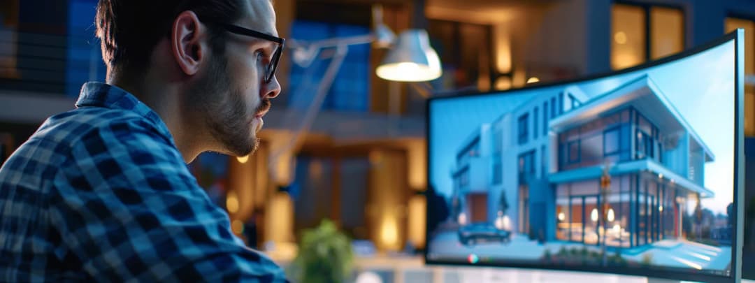 Architect analysing data visualisations across multiple large screens
