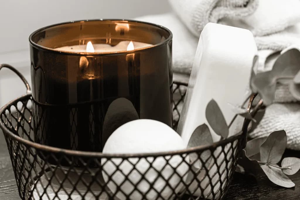 Bath accessories burning candle body care hygiene concept