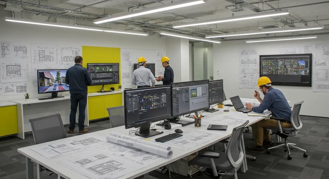 Modern open-plan office featuring yellow accent walls and collaborative zones