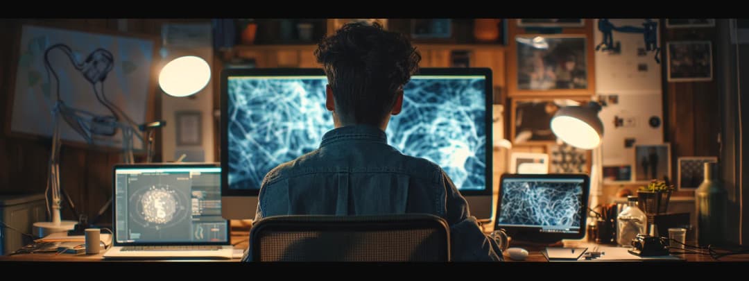 Architecture student sat at her desk working on 3D renderings