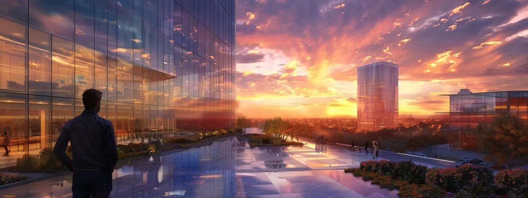 Dynamic cityscape with glass towers reflecting warm golden hour light