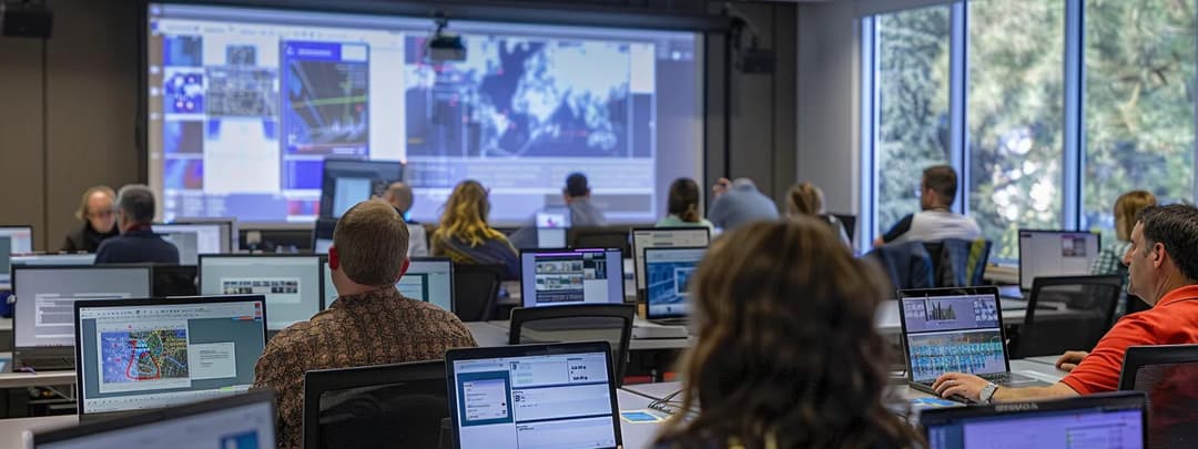 Interactive office training session with presenter addressing engaged audience