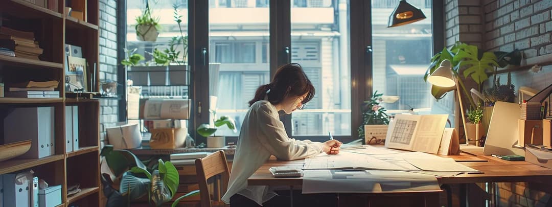 Focused student working at desk in bright naturally-lit space with indoor plants