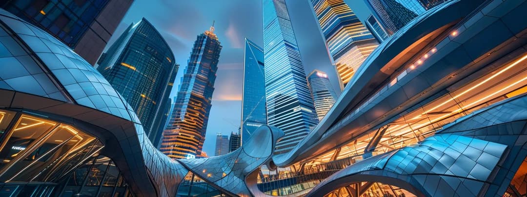 Futuristic city skyline featuring soaring glass skyscrapers against vibrant sky
