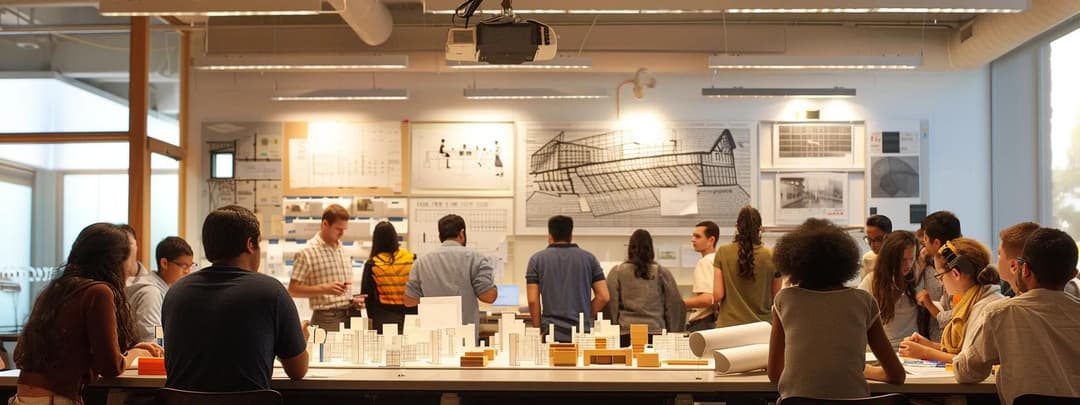 Modern classroom filled with architecture students at presentation boards