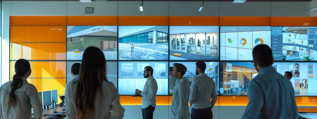 Contemporary office with team members collaborating around shared workspace