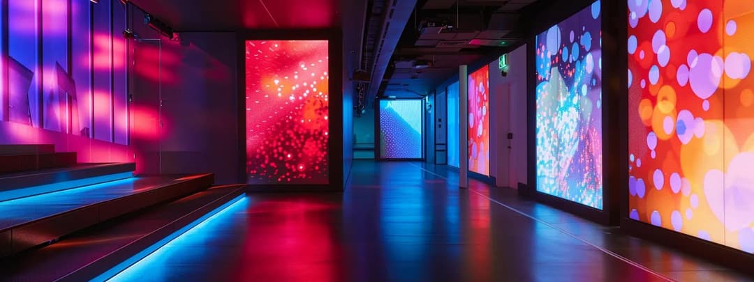 Futuristic corridor featuring dramatic LED art installation in pink and blue hues
