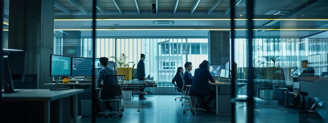 Modern architectural studio with neon accent lighting and CAD displays