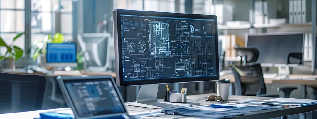 Architects reviewing technical drawings in sleek contemporary office setting