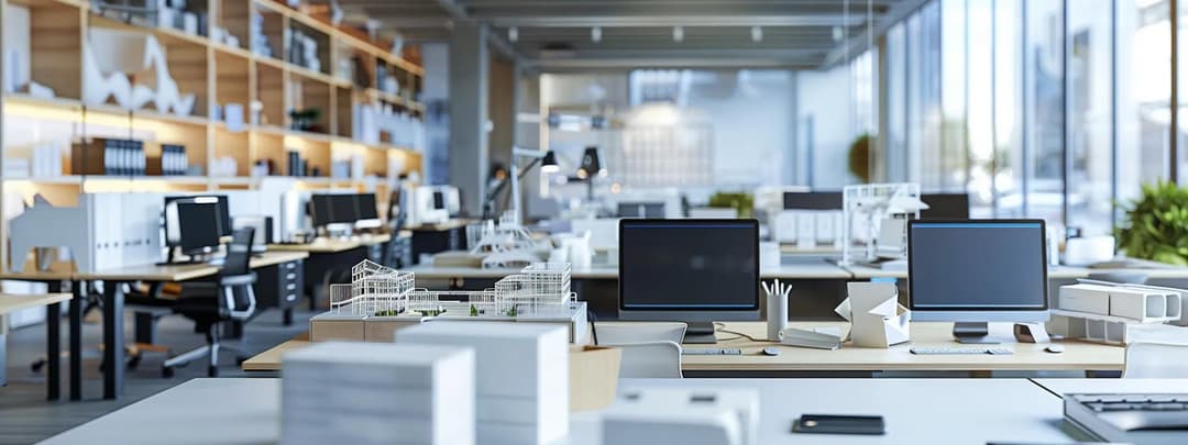 Modern architecture office interior with CAD software displayed on widescreen monitor