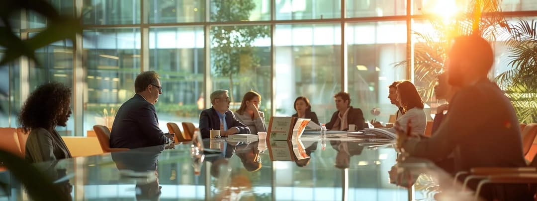 Architects and clients engaged in project discussion around corporate meeting table