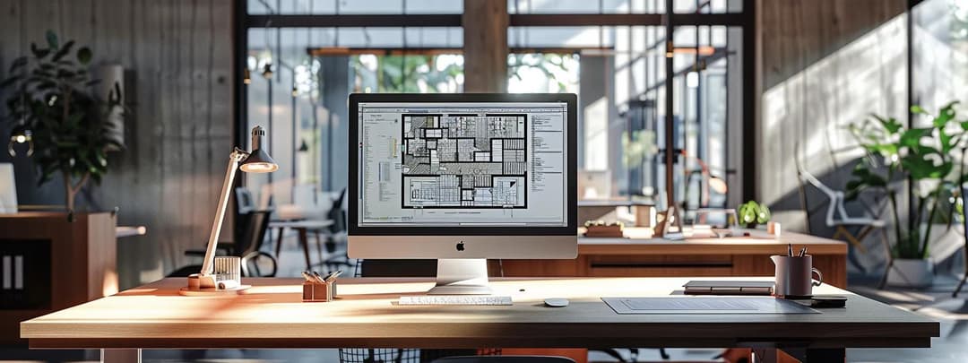 Immersive architectural workspace featuring technical drawings on large central display