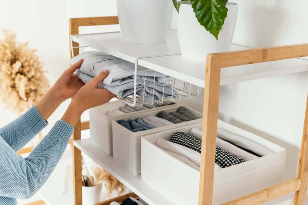 Person organising supplies and materials in home office storage cabinet