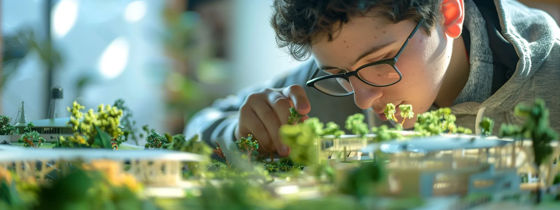 Architecture student carefully examining sustainable building materials