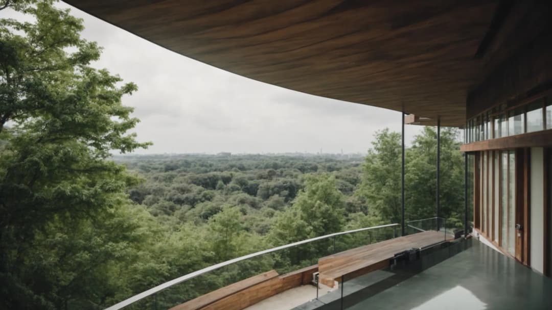 Contemporary architectural interior with panoramic mountain and forest views