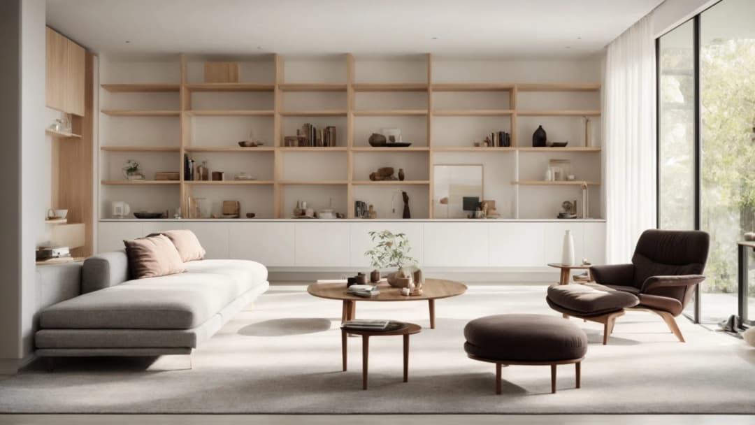 Contemporary architectural lounge space featuring neutral tones and biophilic design