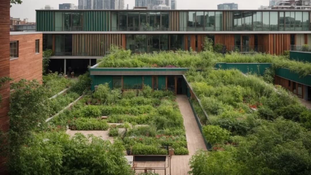 Aerial view of innovative landscape architecture with lush green terraced planting