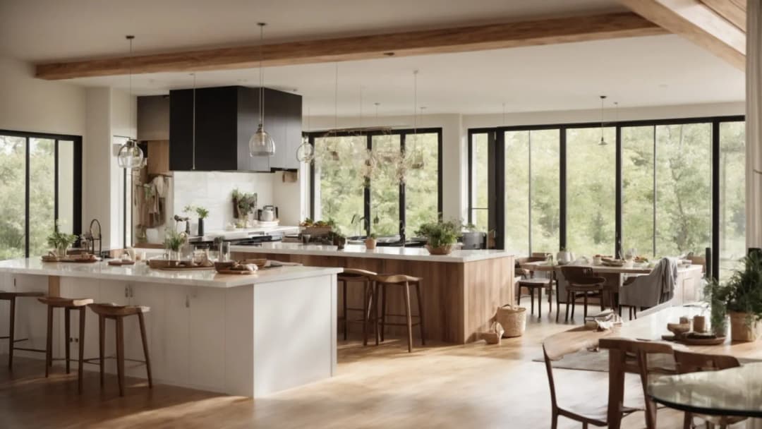 Open-plan architectural interior showcasing seamless indoor-outdoor connection