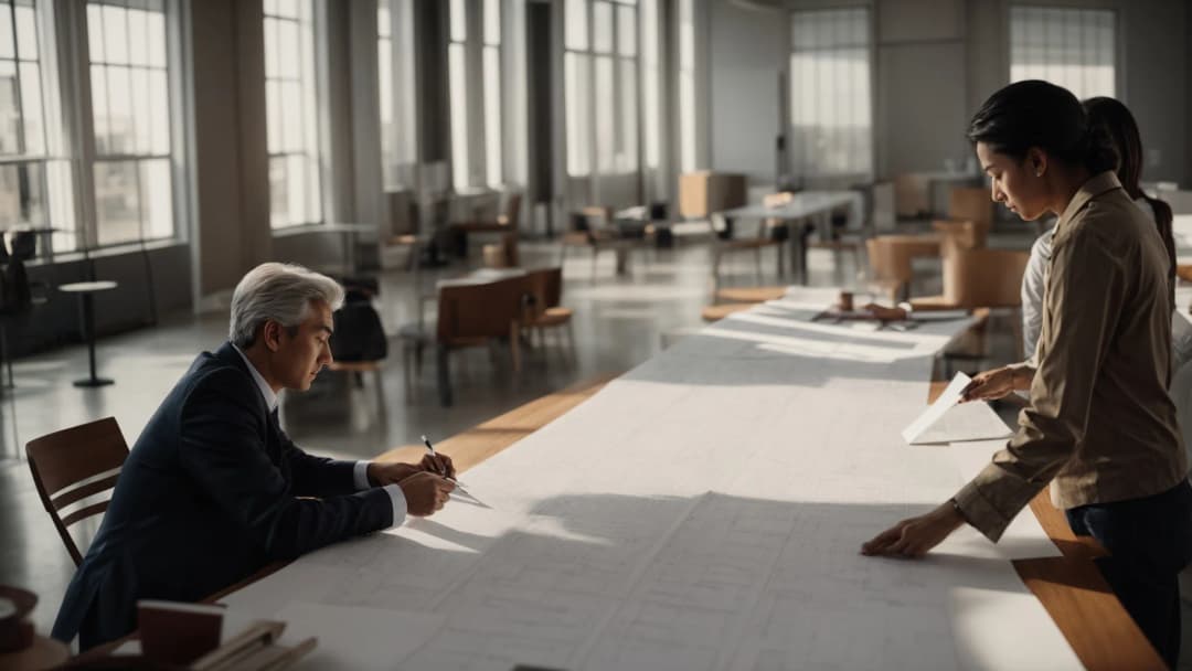 Two architects reviewing technical documents together in professional office setting