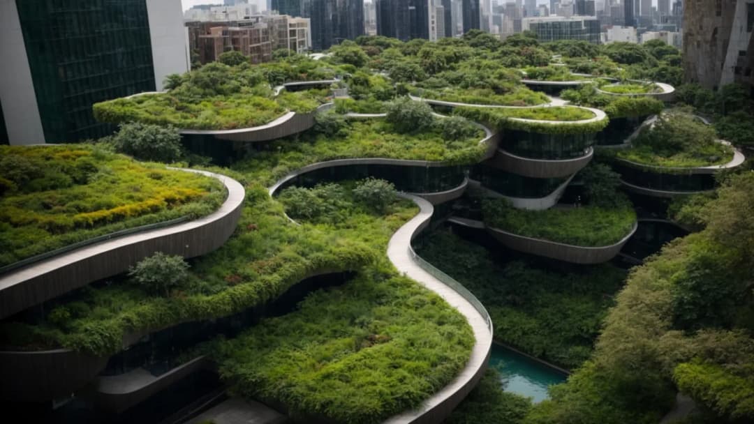 Aerial view of sustainable landscape architecture featuring integrated green terraces