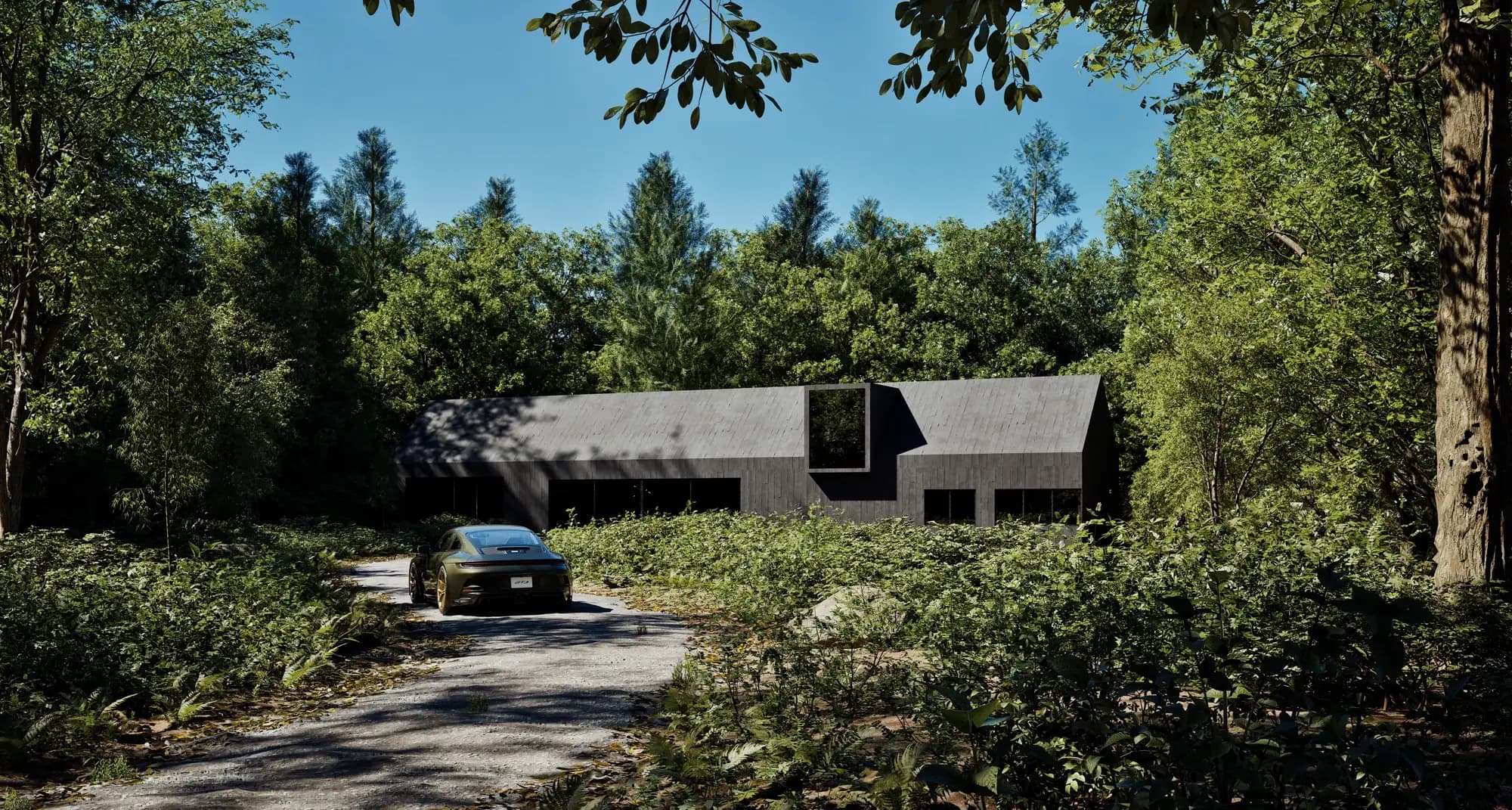 Angular grey concrete house with dramatic roofline nestled in dense woodland clearing with sports car on gravel driveway